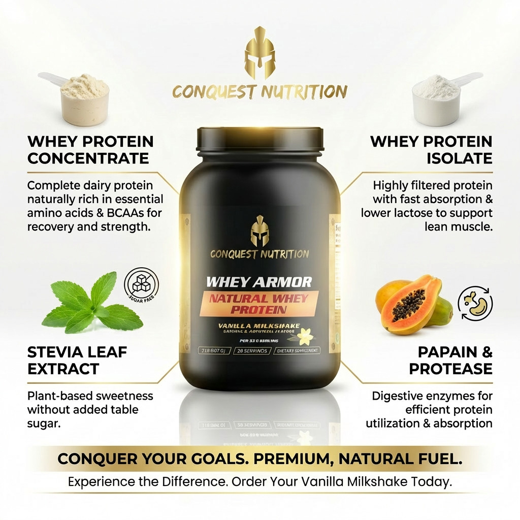 Conquest Whey Armour Natural Protein Vanilla Milkshake 2lb Stevia Protein Powder