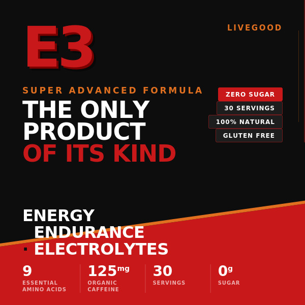 Drink E3 Energy Endurance Electrolytes 9 Essential Amino Acids Great Taste 30srv