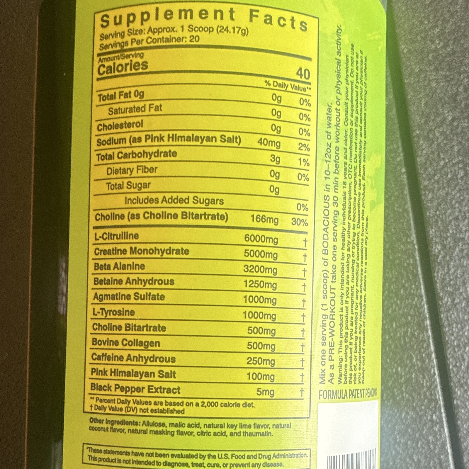 BullFit Bodacious Pre-Workout Powder Coconut Lime 20sv exp Jul 26