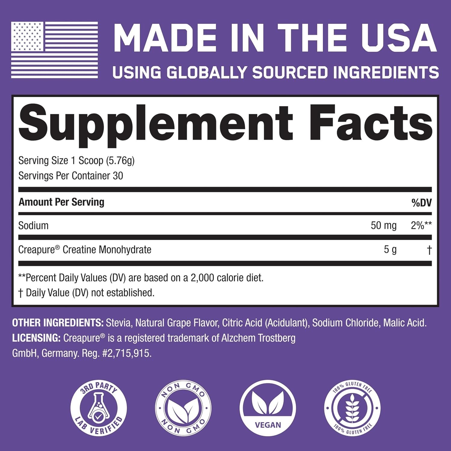 SteelFit Creapure Pure Creatine Monohydrate Powder, Grape, Made in the USA, 150g