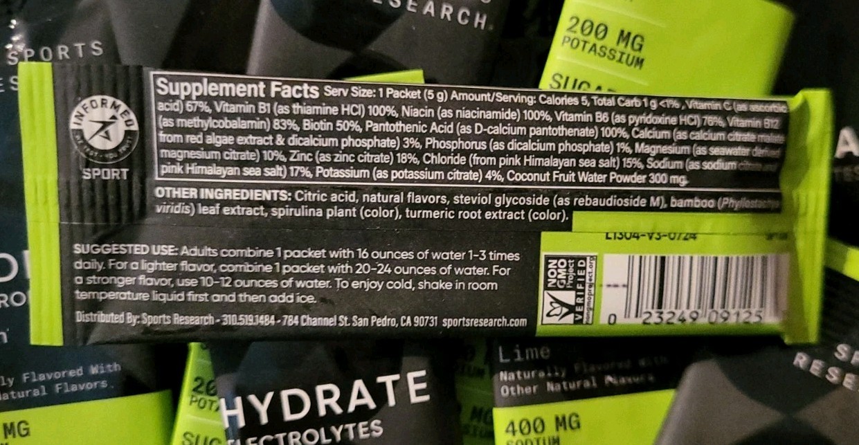 Sports Research Hydrate Electrolytes – Lemon Lime (48 Packets) ~EXP: 11/26