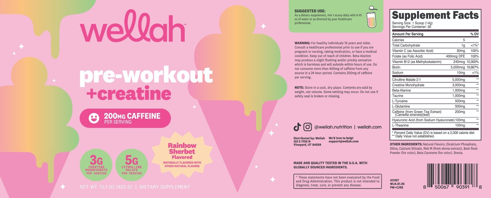 Wellah Pre-Workout + Creatine Powder (30 Servings) Rainbow Sherbert -3g Creatine
