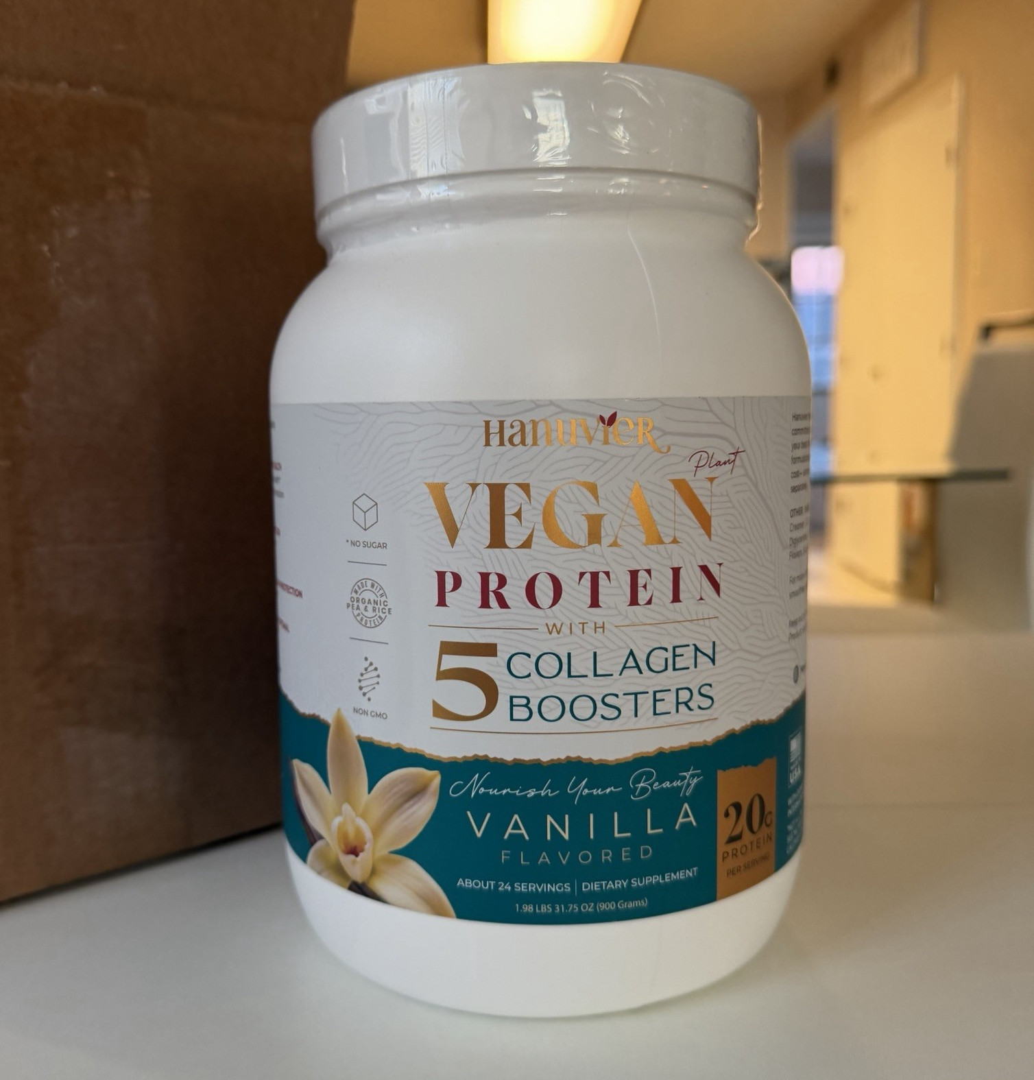 Hanuvier Vegan Protein Powder Vanilla Non-GMO No Sugar 1.98 lb
