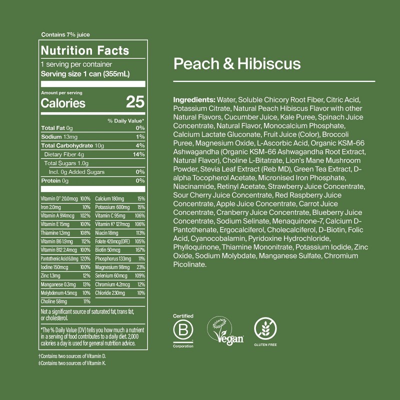 Peach Hibiscus Daily Ready-to-Drink Greens Superfood Supplements 4pk/12 fl oz
