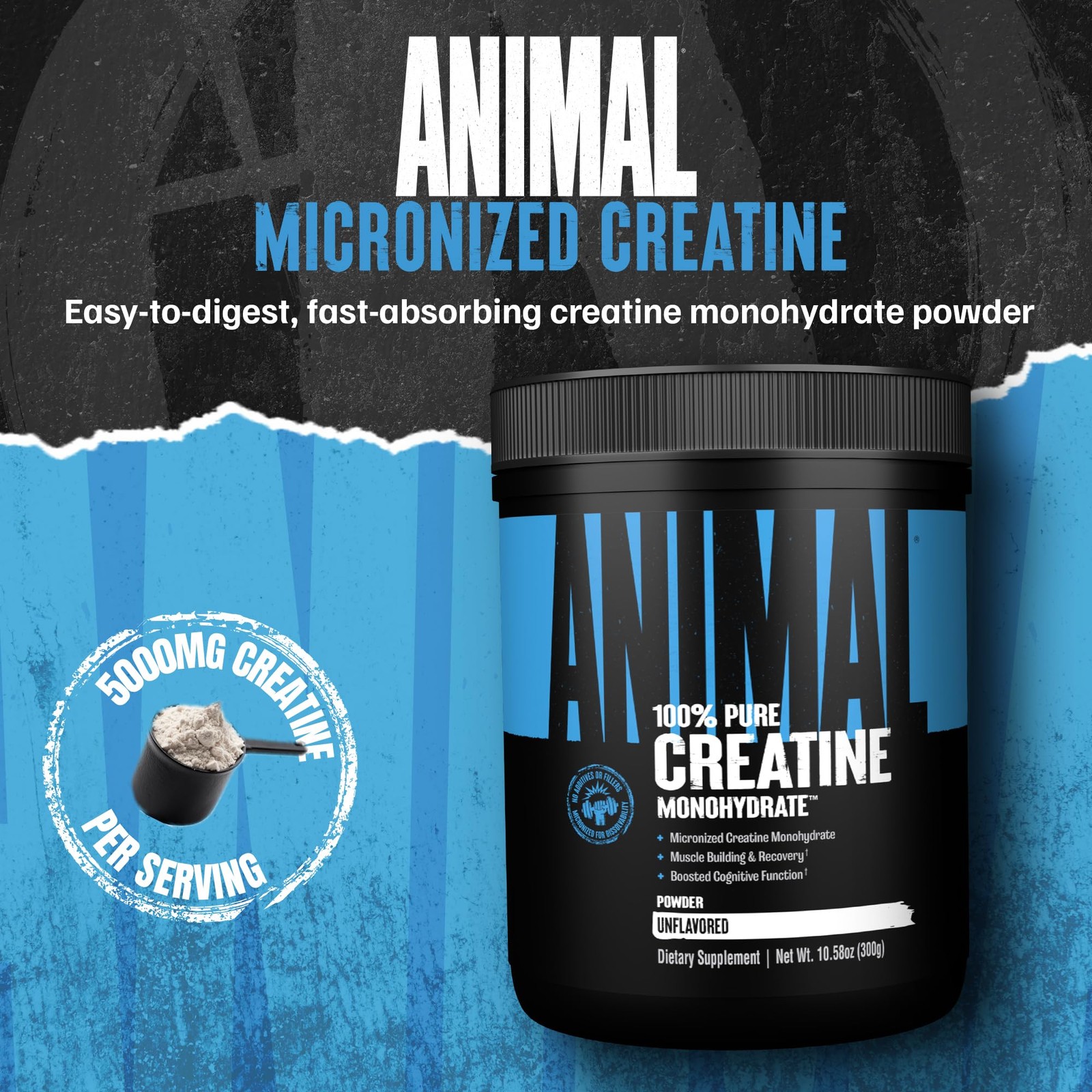 Animal Creatine Monohydrate Powder – 300g (Pack of 1), Unflavored