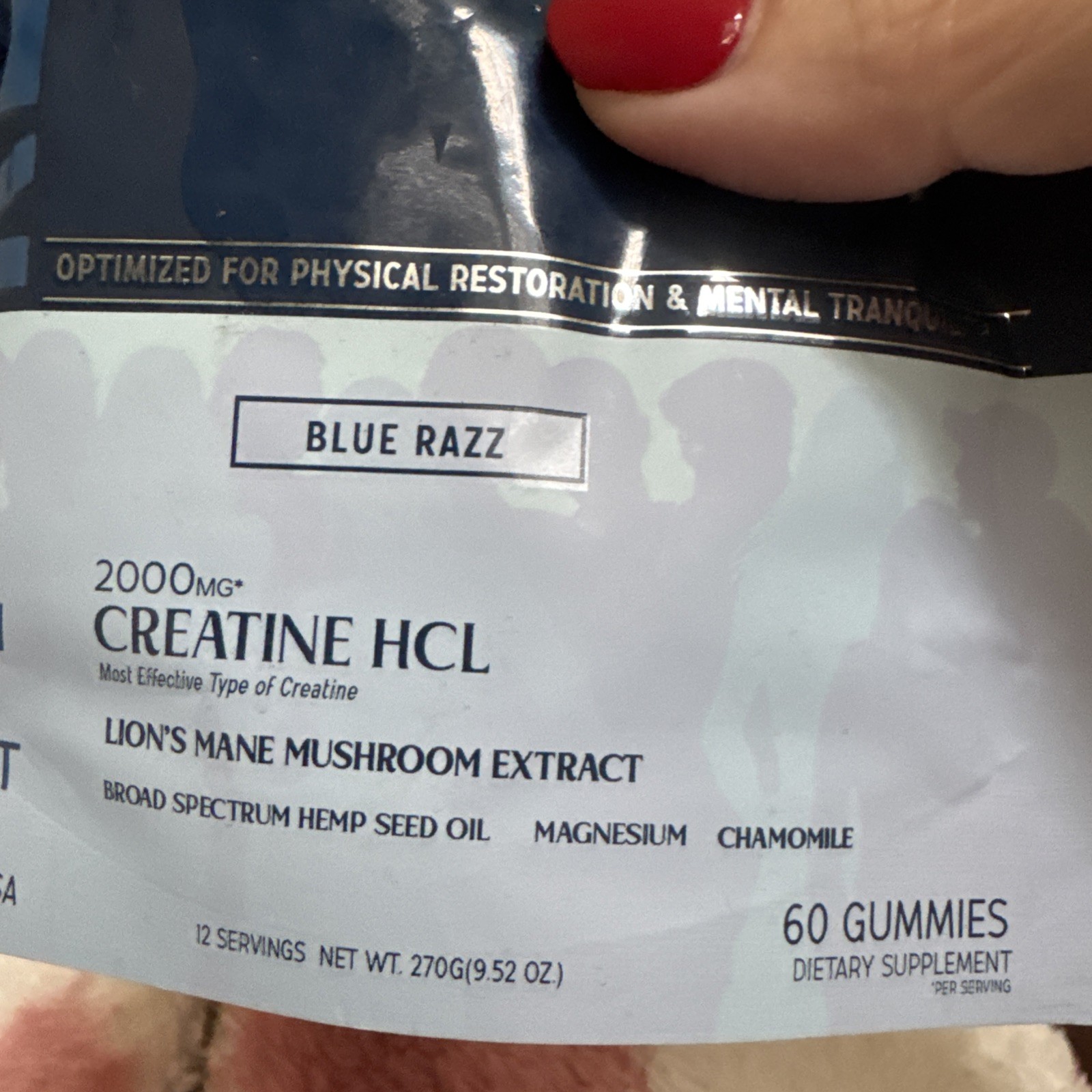 QUOR RECOVER Creatine Gummies Vegan Nootropic 60 Count Exp 01/20/28 Blue Razz