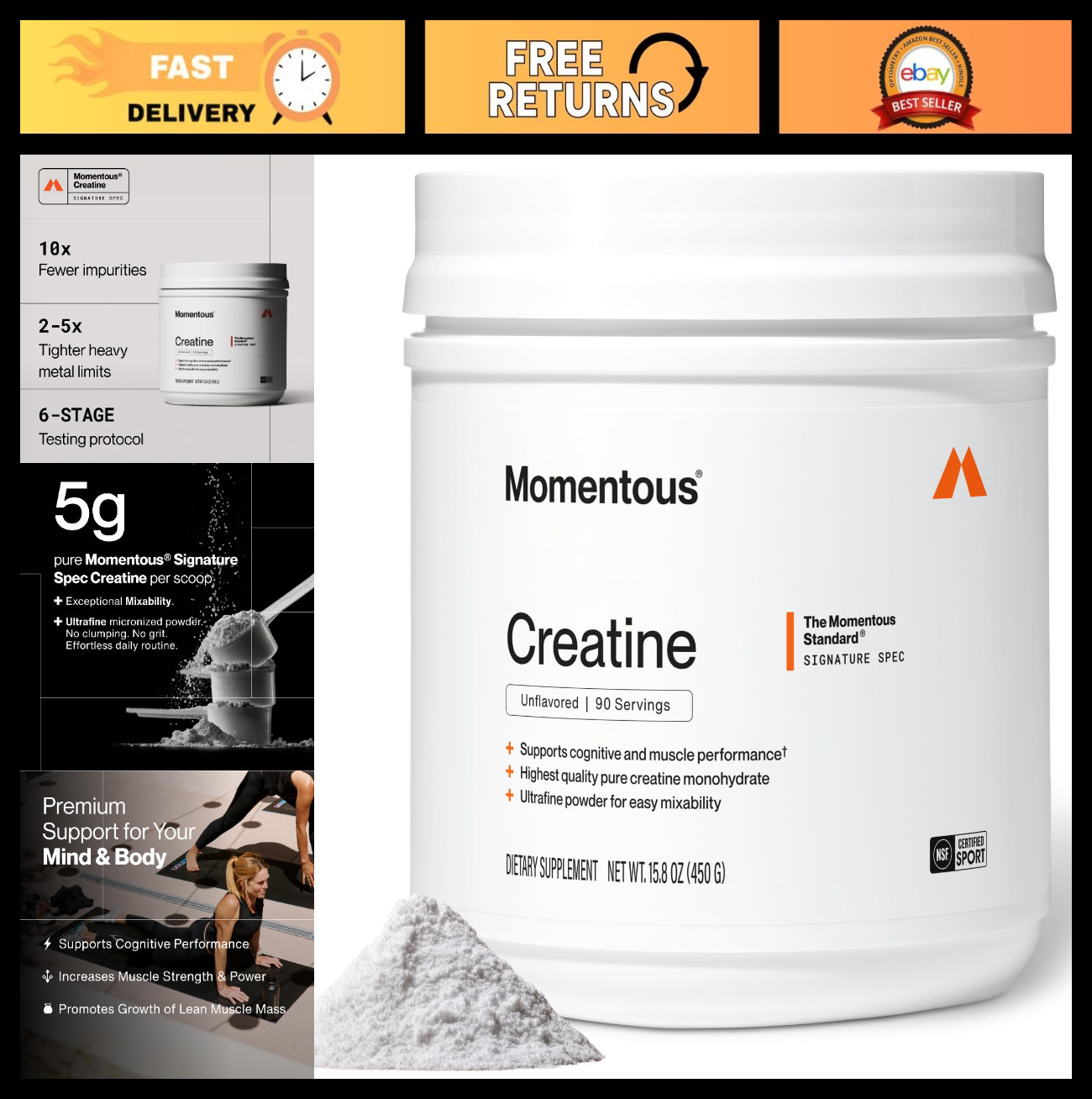 Creatine Monohydrate Powder 5g | Unflavored, Lean Muscle, Strength & Recovery, N