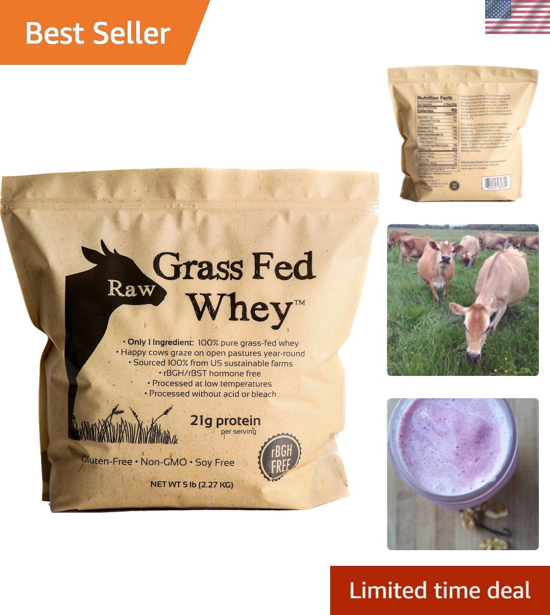 Raw Grass Fed Whey Protein Powder, Unflavored – 1 Ingredient, No Additives or…