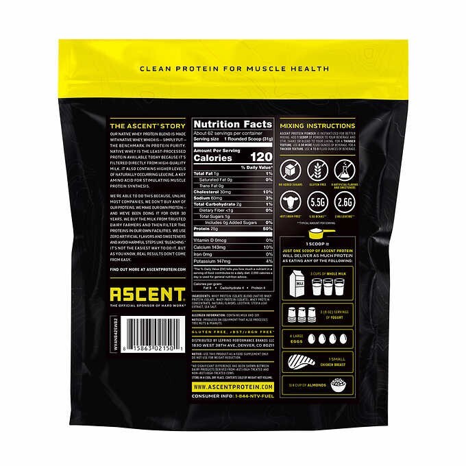 Ascent 100% Whey, Native Whey Protein Blend, Vanilla Bean, 4.25 lbs