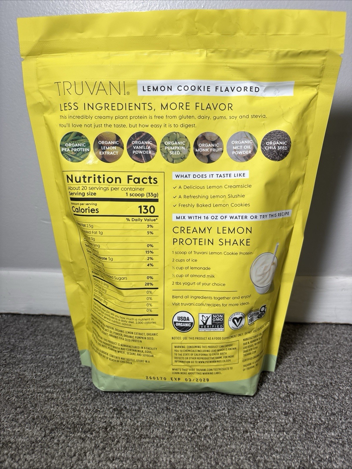 Truvani Certified Organic Plant-Based Protein Powder Lemon Cookie 23.07 oz