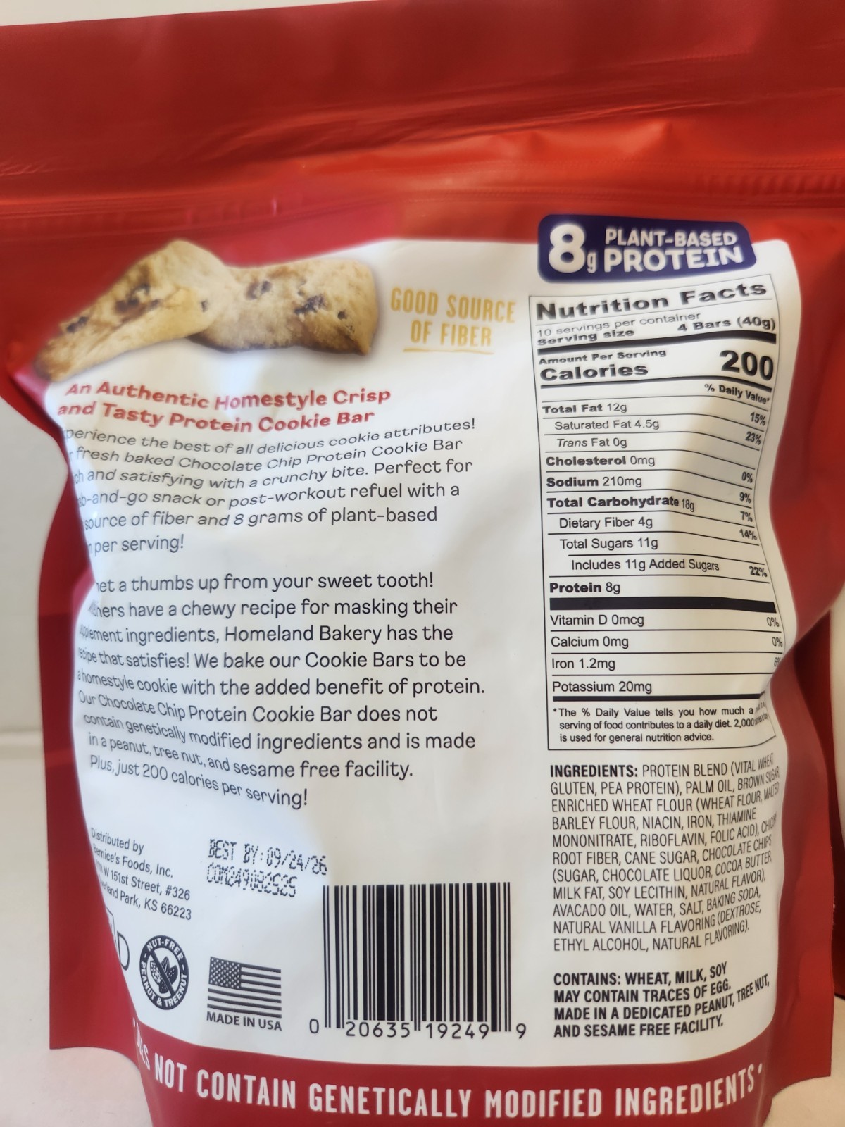 2-PACK Homeland Protein Cookie Bars Chocolate Chip 14.1 oz each bag