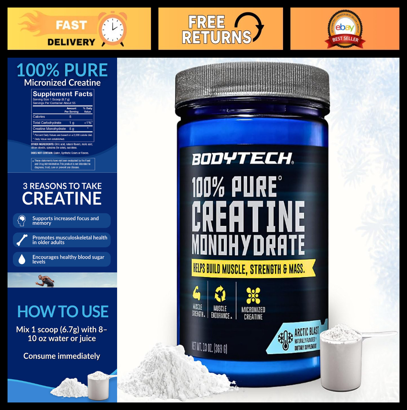 Creatine Monohydrate Powder – Arctic Blast Flavor, 55 Servings, Muscle Gain & Re