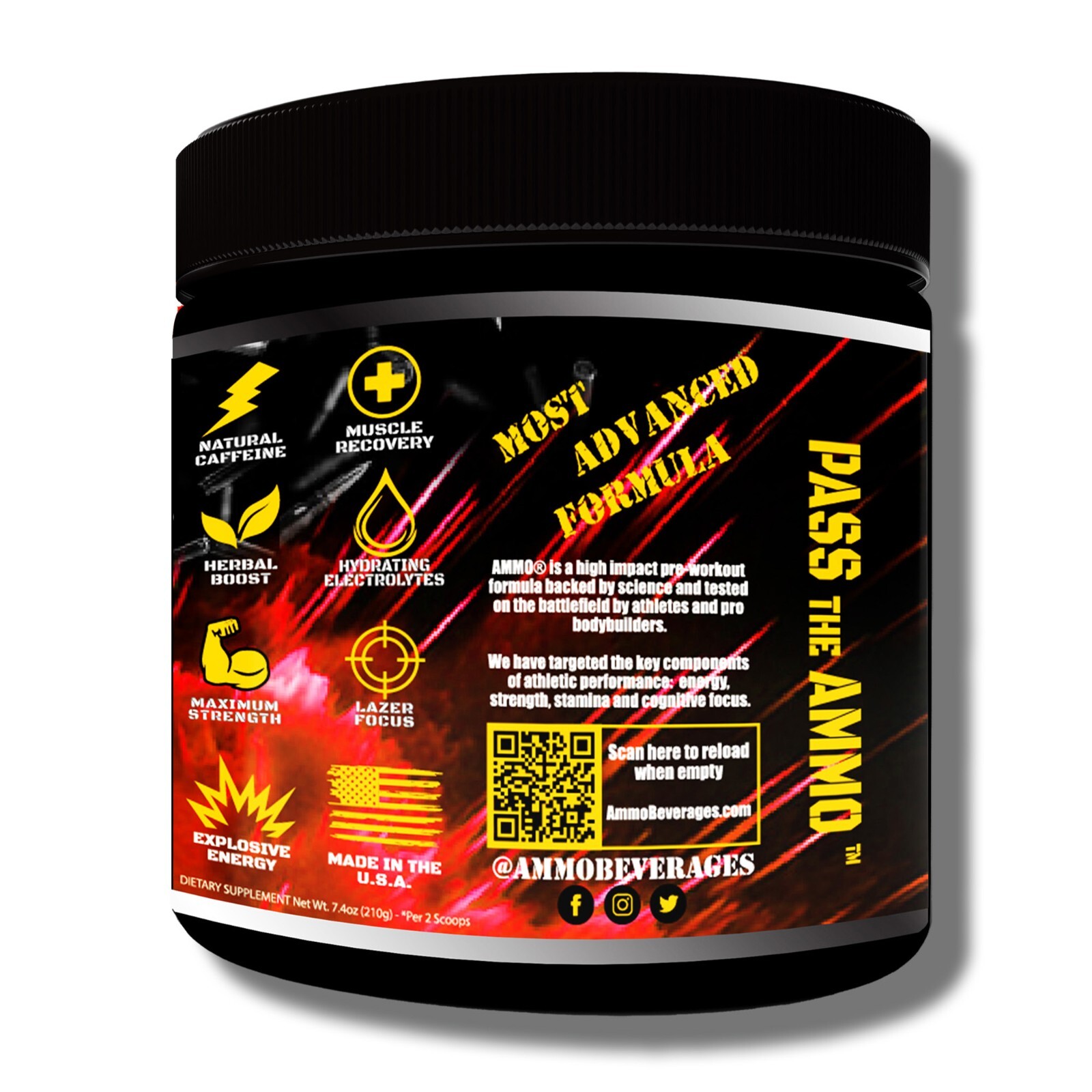 AMMO® Energy Reloads Pre Workout powder Orange 300mg Caffeine Zero Sugar 30 serv