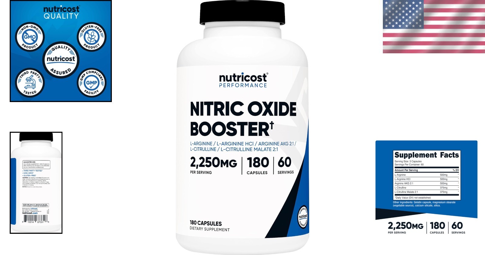 Nitric Oxide Booster Capsules 2250mg 180 Count Vascular Health Support