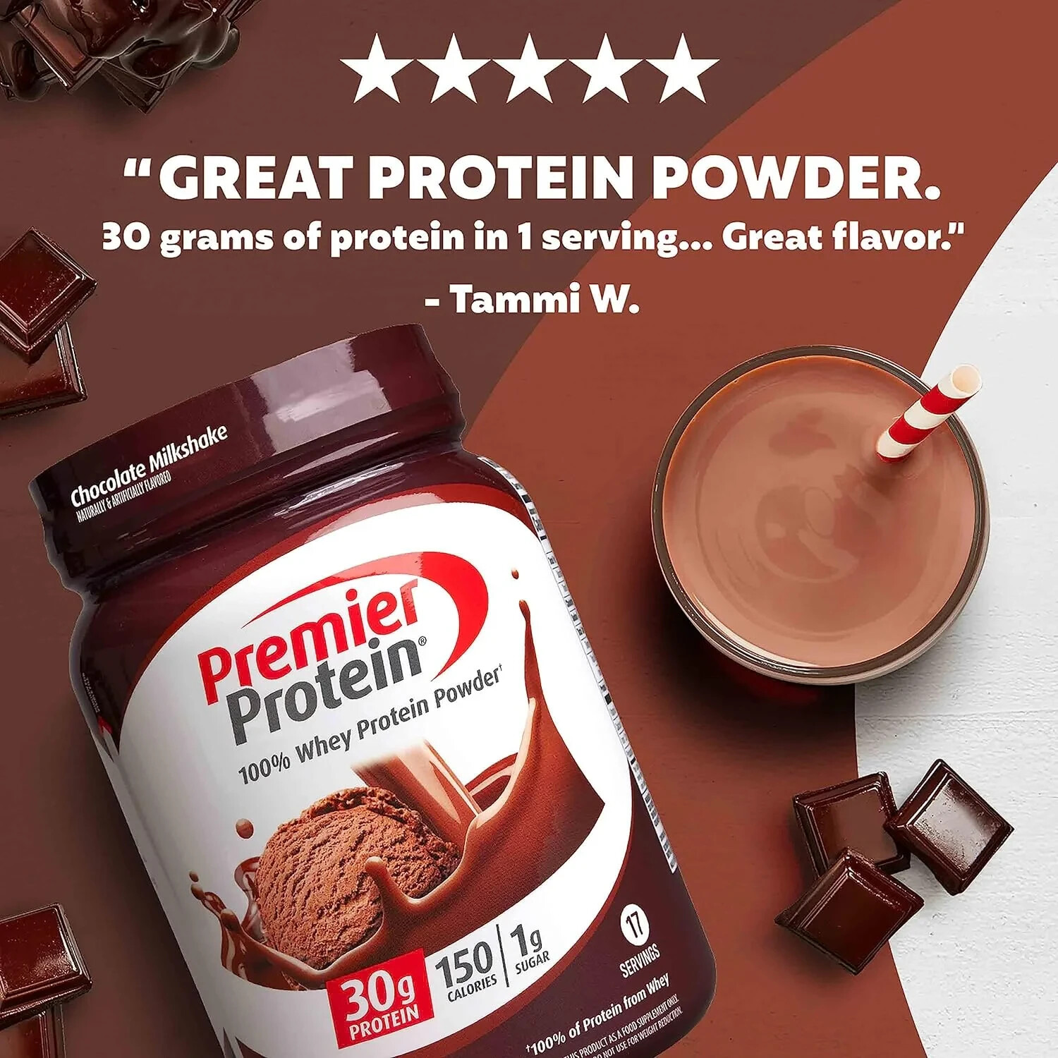 Premier Protein 100% Whey Powder, Chocolate Milkshake 30g Protein 24.5 oz 2 Pack