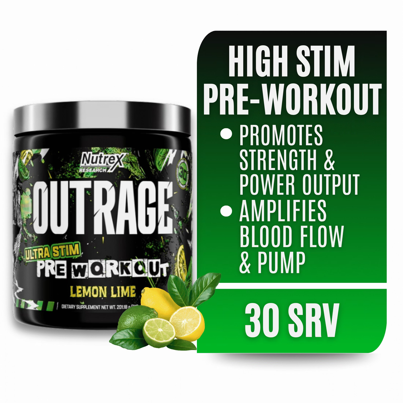 Nutrex Research OUTRAGE Lemon Lime High Intensity Pre Workout Powder 30 Servings