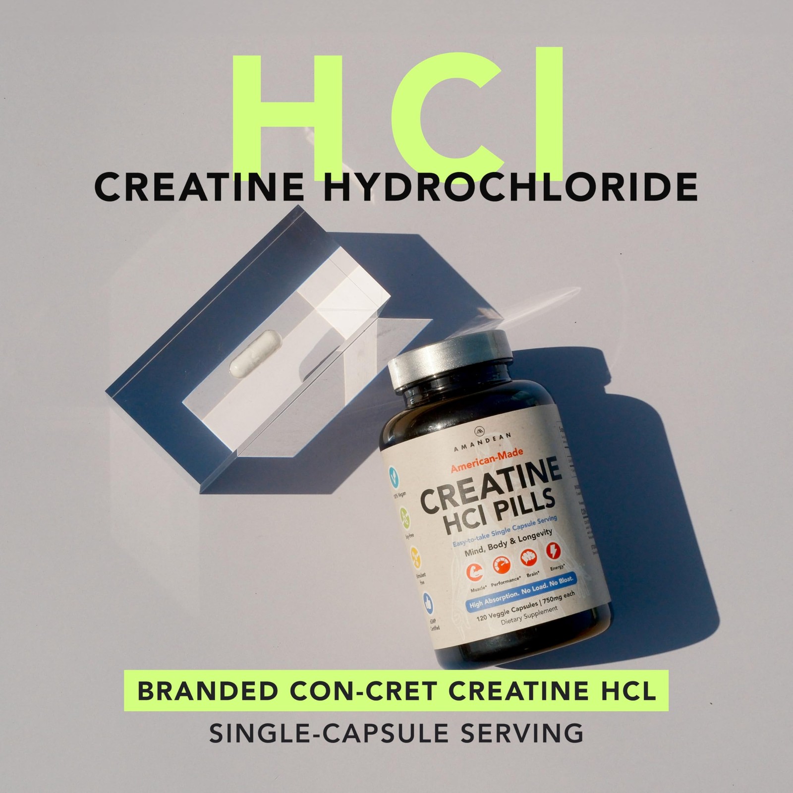 AMANDEAN Creatine HCl Pills. American Made CON-CRET. 120 Count (Pack of 1)