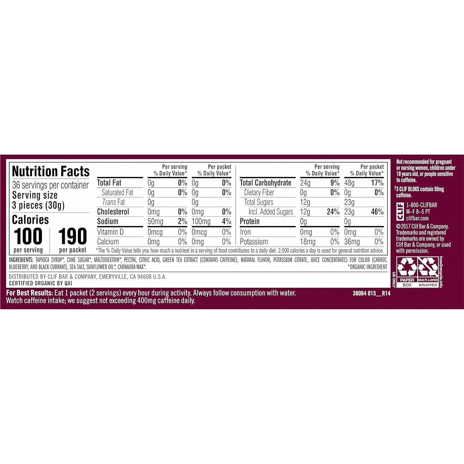 Clif Bloks Energy Chews Black Cherry Flavor 18 Packs with Caffeine
