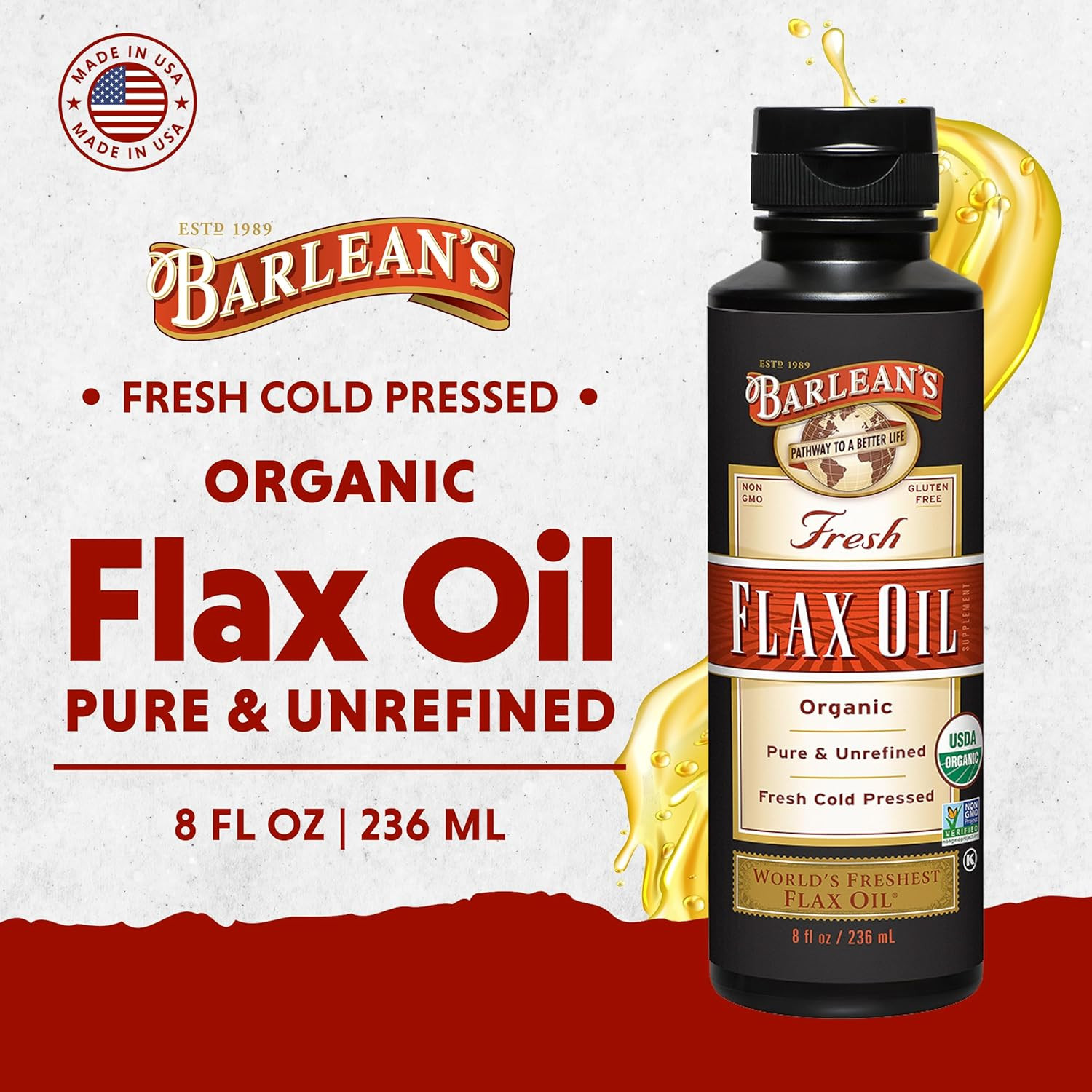 Organic Flaxseed Oil Liquid from Fresh Cold Pressed Flax Seeds, 7,640Mg ALA Omeg