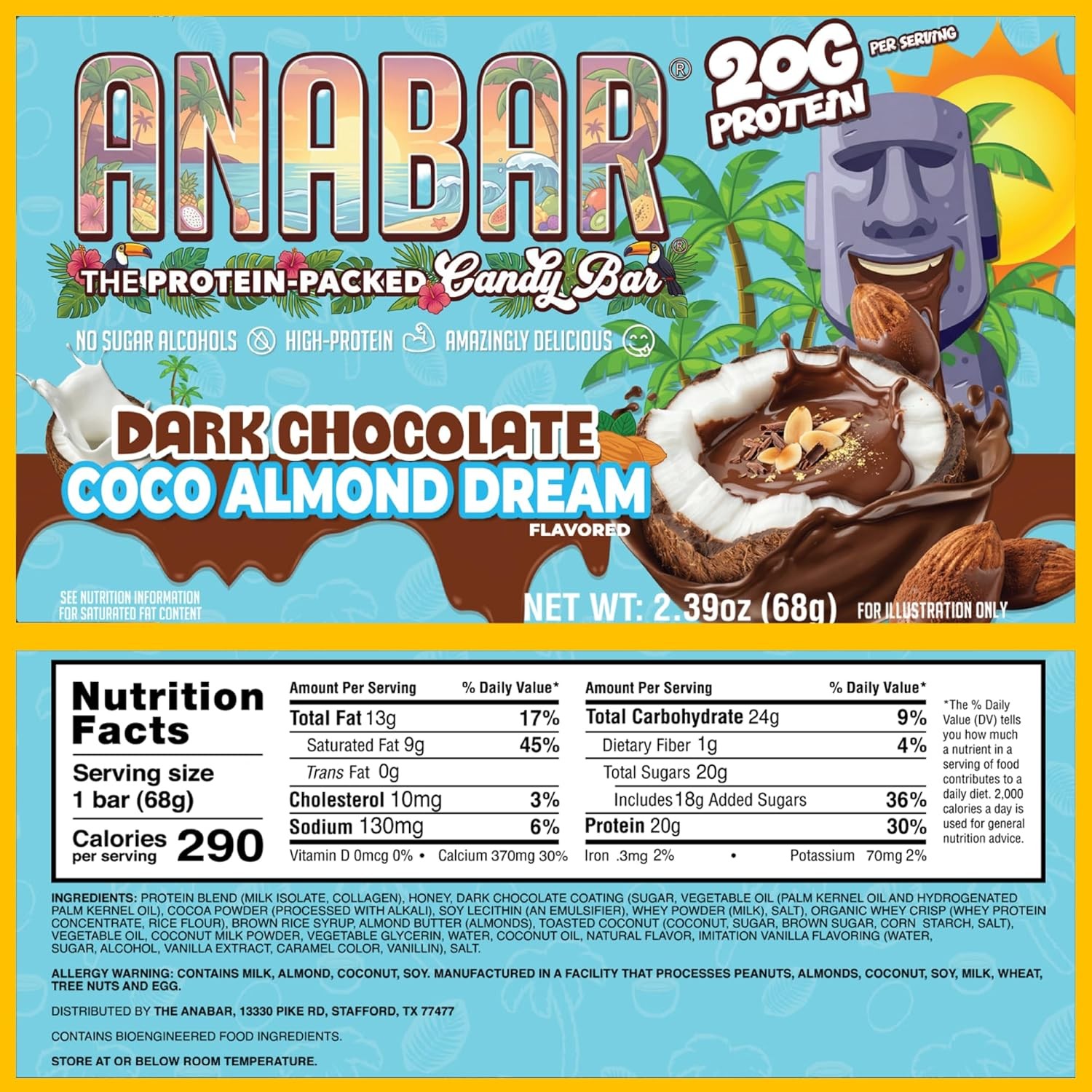 Anabar Protein Bar Almond Butter, 20 Grams of Protein 12 Bars Coco Almond Dream