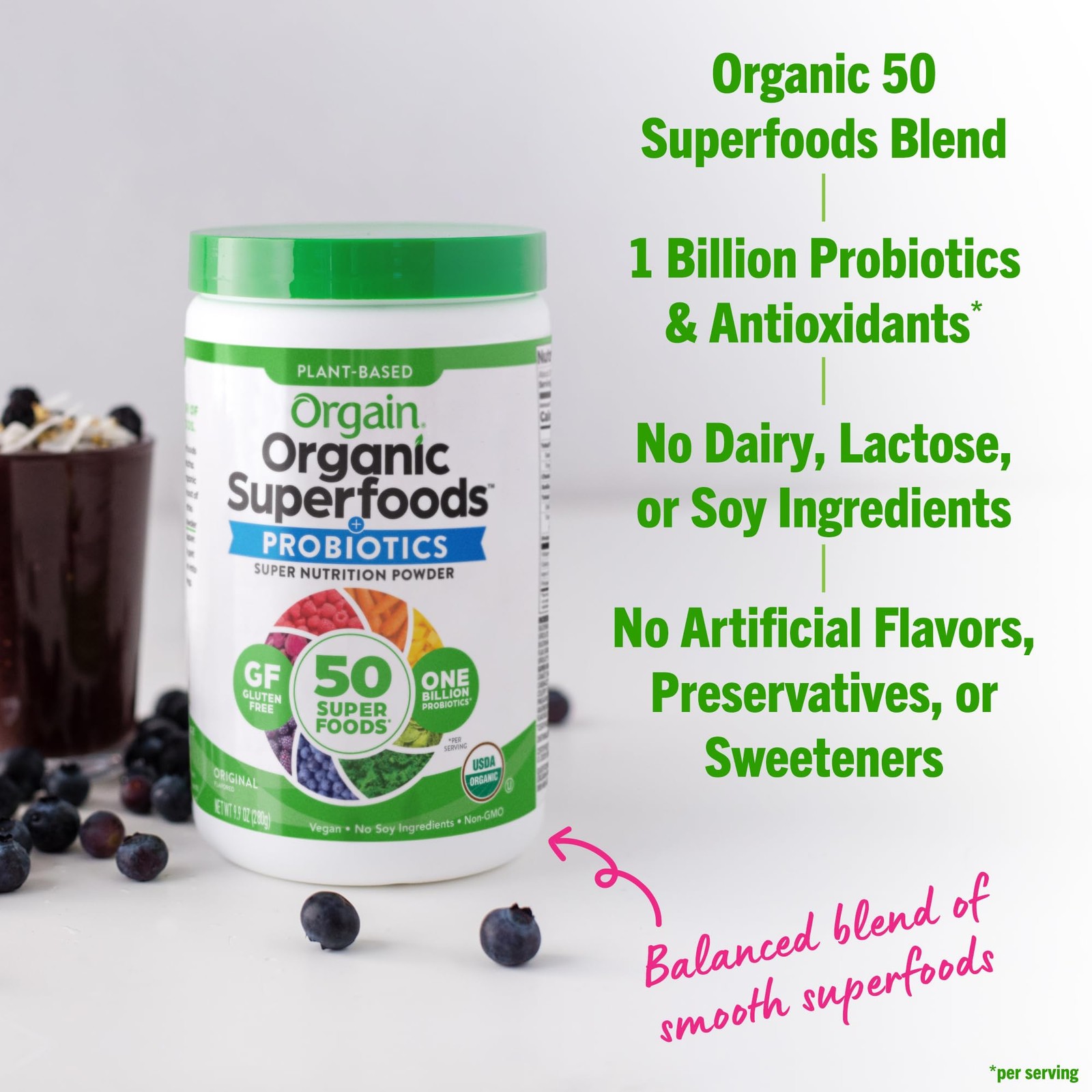 Orgain Organic Greens Powder, 50 Superfoods + 9.9 Ounce (Pack of 1), White
