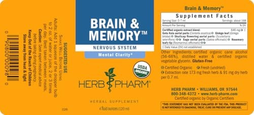 Herb Pharm Brain & Memory Liquid Herbal Formula, Ginkgo, Focus, 4 Fl Oz