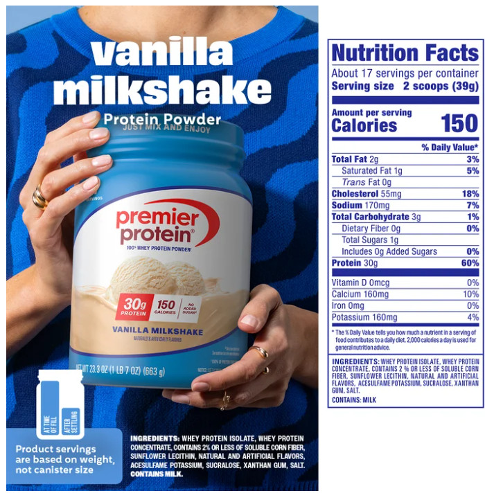 Premier Protein 100% Whey Protein Powder Vanilla 30g Protein 1.7 lb Jar