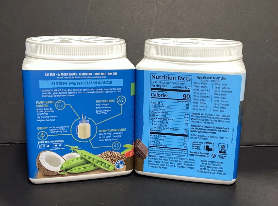 2 Warrior Blend Organic High Performance Protein Powder 13.2 Oz (375g) Chocolate