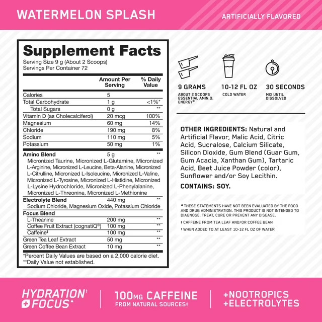 Optimum Nutrition Amino Energy Focus Pre Workout Watermelon 1.42 lbs. Free Ship