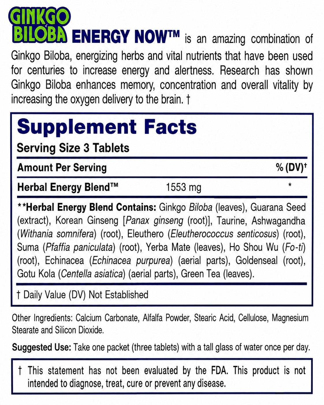 Ginkgo Biloba Energy Now Herbal Supplement Choose 1 Box or 2 Boxes