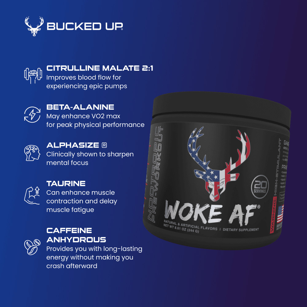 Bucked Up Woke AF Pre-Workout Powder, Increased Energy, Miami, 333mg Caffeine