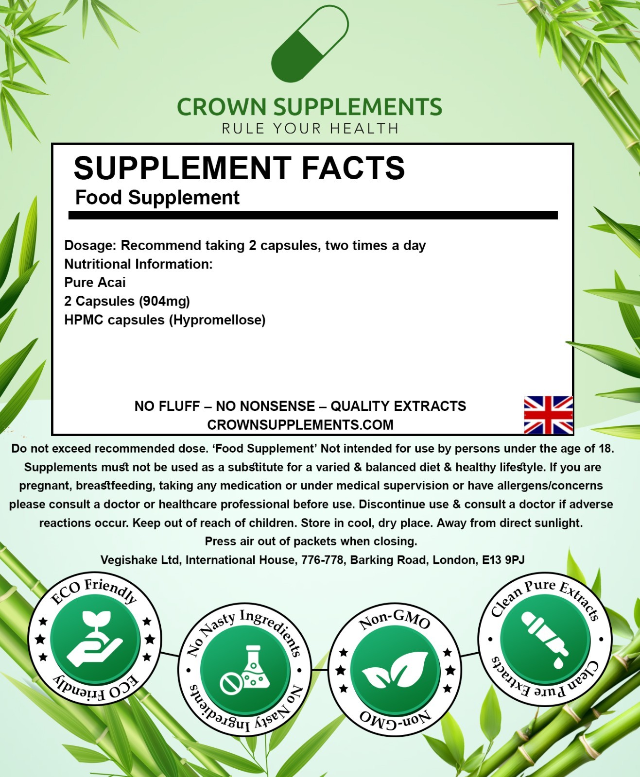Organic Acai Berry HPMC Capsules Weight Loss Detox Dietary Vegan Kosher Halal