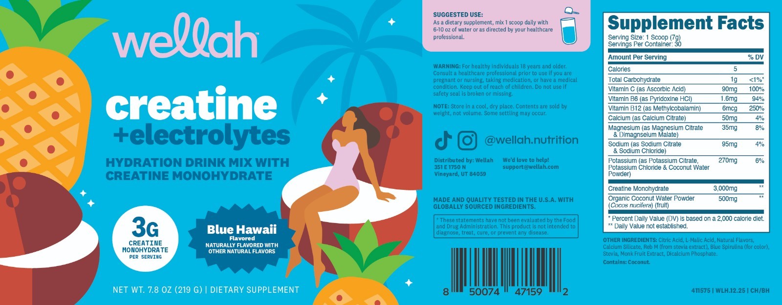 Wellah Creatine + Electrolytes Powder (Blue Hawaii) 30 Servings