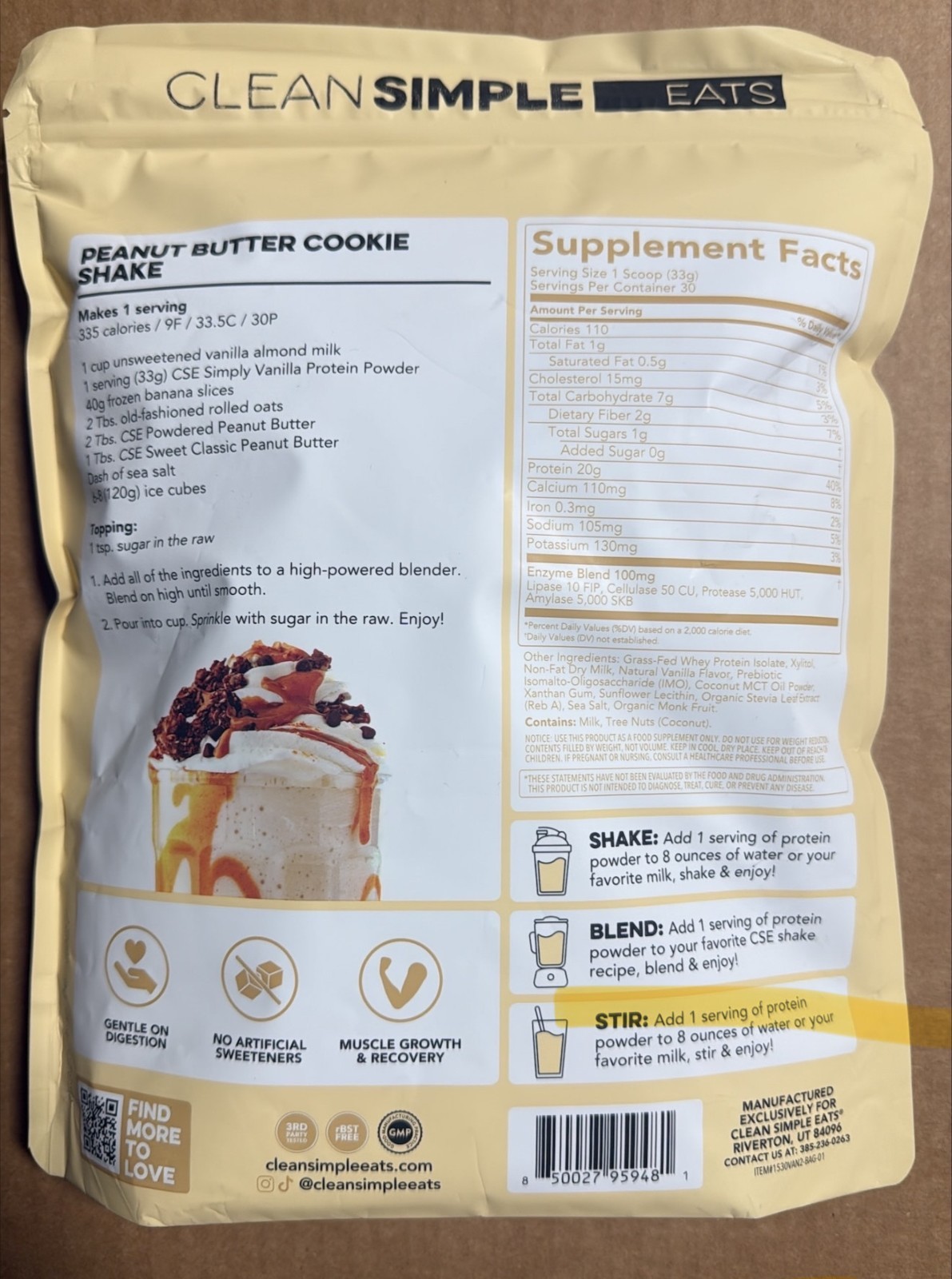 Clean Simple Eats Vanilla Whey Protein Powder 20 Grams Protein 30 Servings