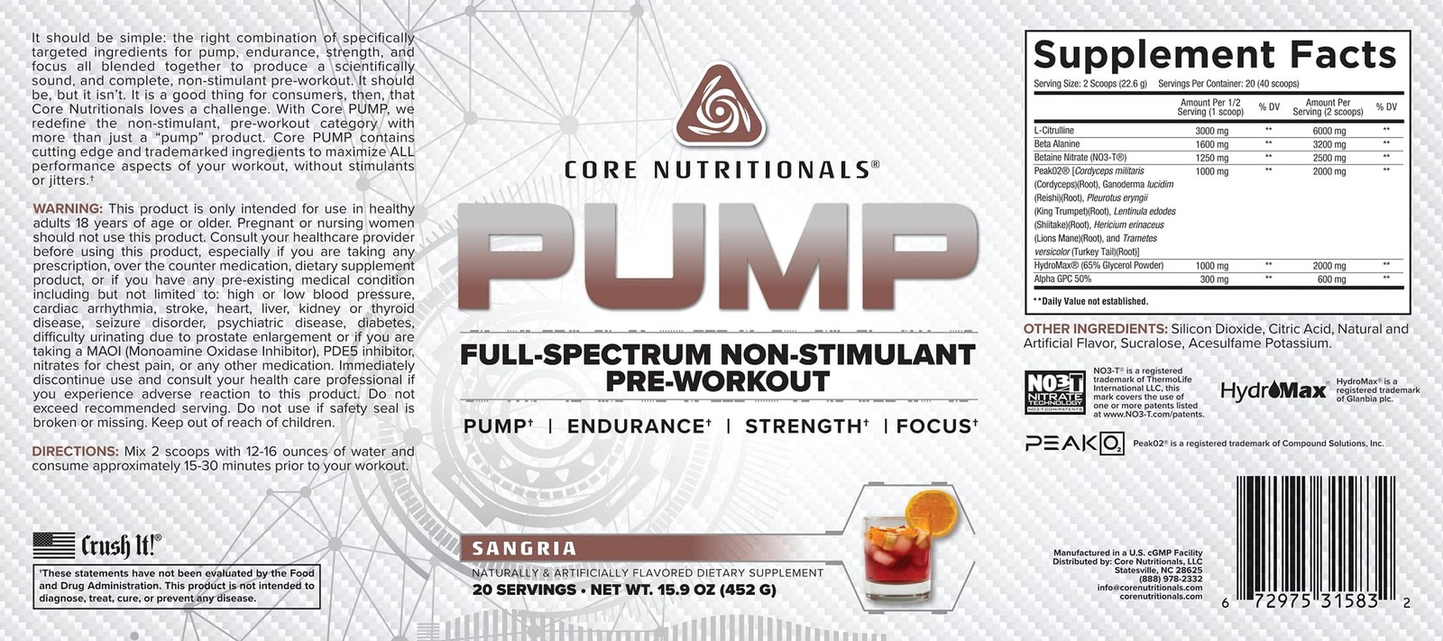 Core Nutritionals Pump Full-Spectrum Non-Stimulant Pre-Workout, with N03T Nit…