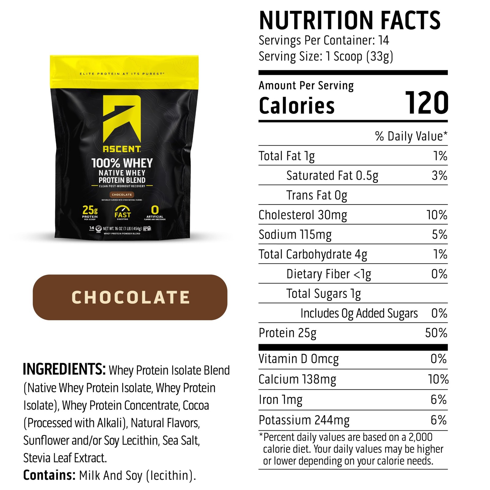 Ascent 100% Whey Protein Powder – Post Workout 1 Pound (Pack of 1)