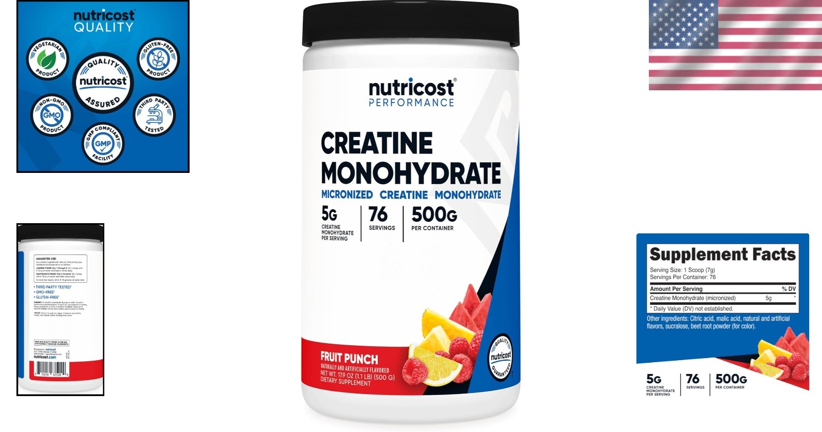 Micronized Creatine Monohydrate Powder, 500g in Fruit Punch Flavor – 71 Servings