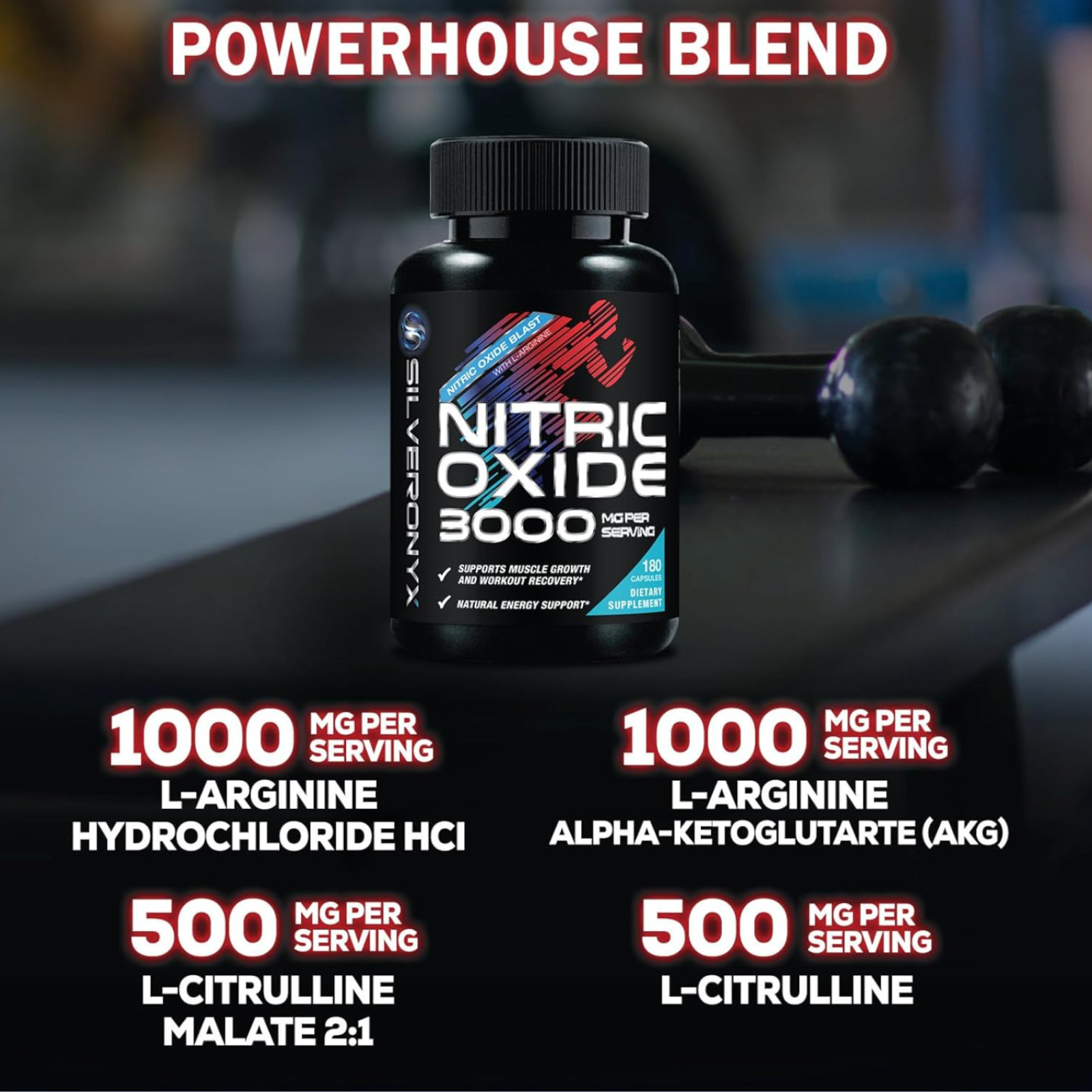Potenciador de óxido nítrico, energía natural y apoyo muscular, 180 cápsulas