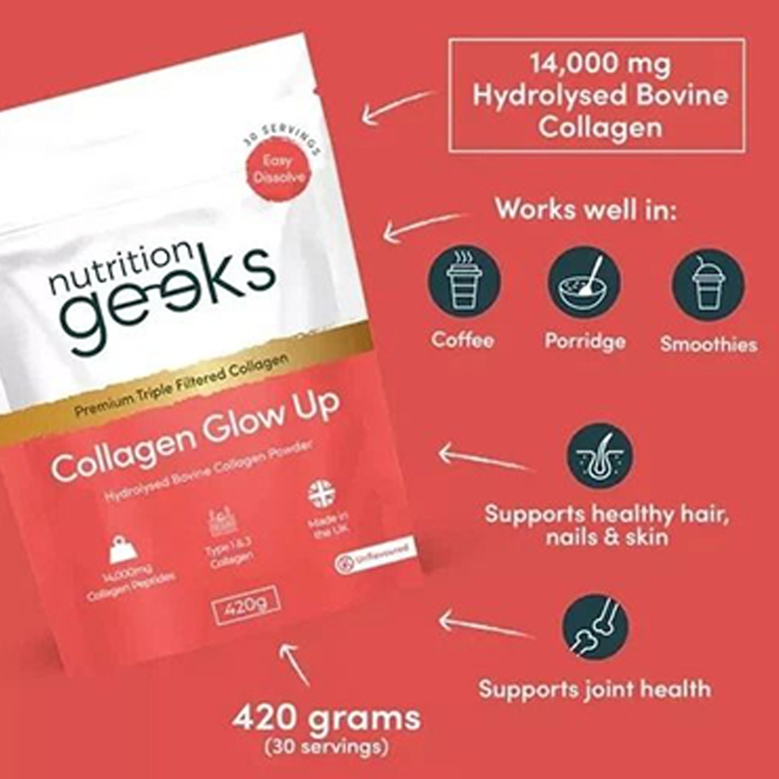Nutrition Geeks Collagen Glow Up Powder New & Improved 14000mg 420g 30 Serving