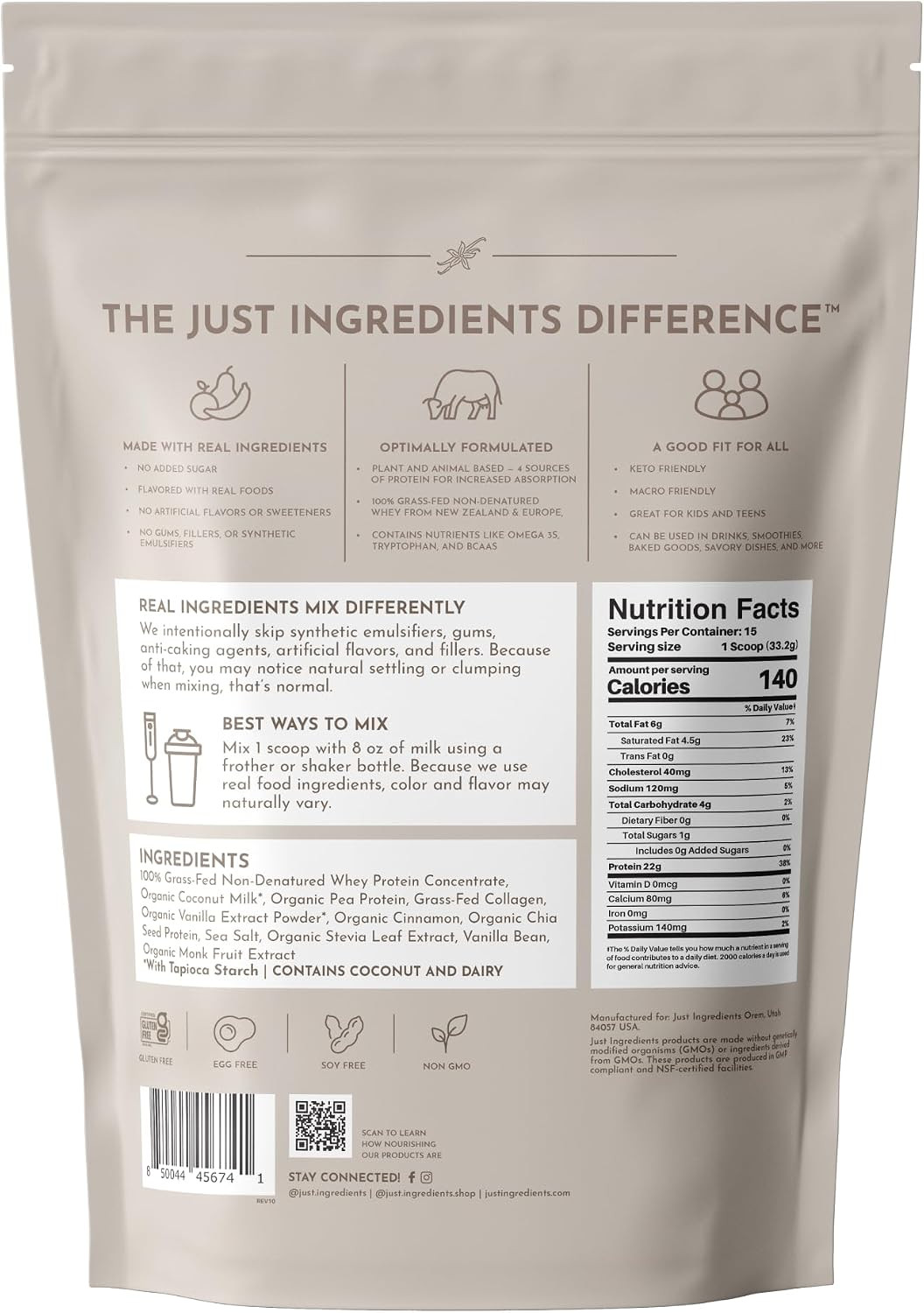 Vanilla Protein Powder – Grass-Fed Whey Blend Gluten Free – 15 Servings, 22G