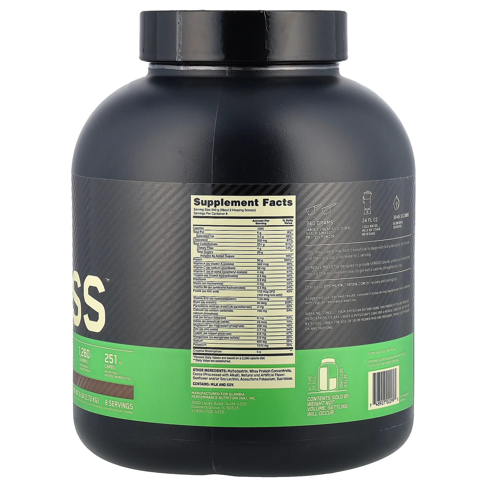 Optimum Nutrition, Serious Mass, High Protein Weight Gain Powder, Chocolate 6 lb