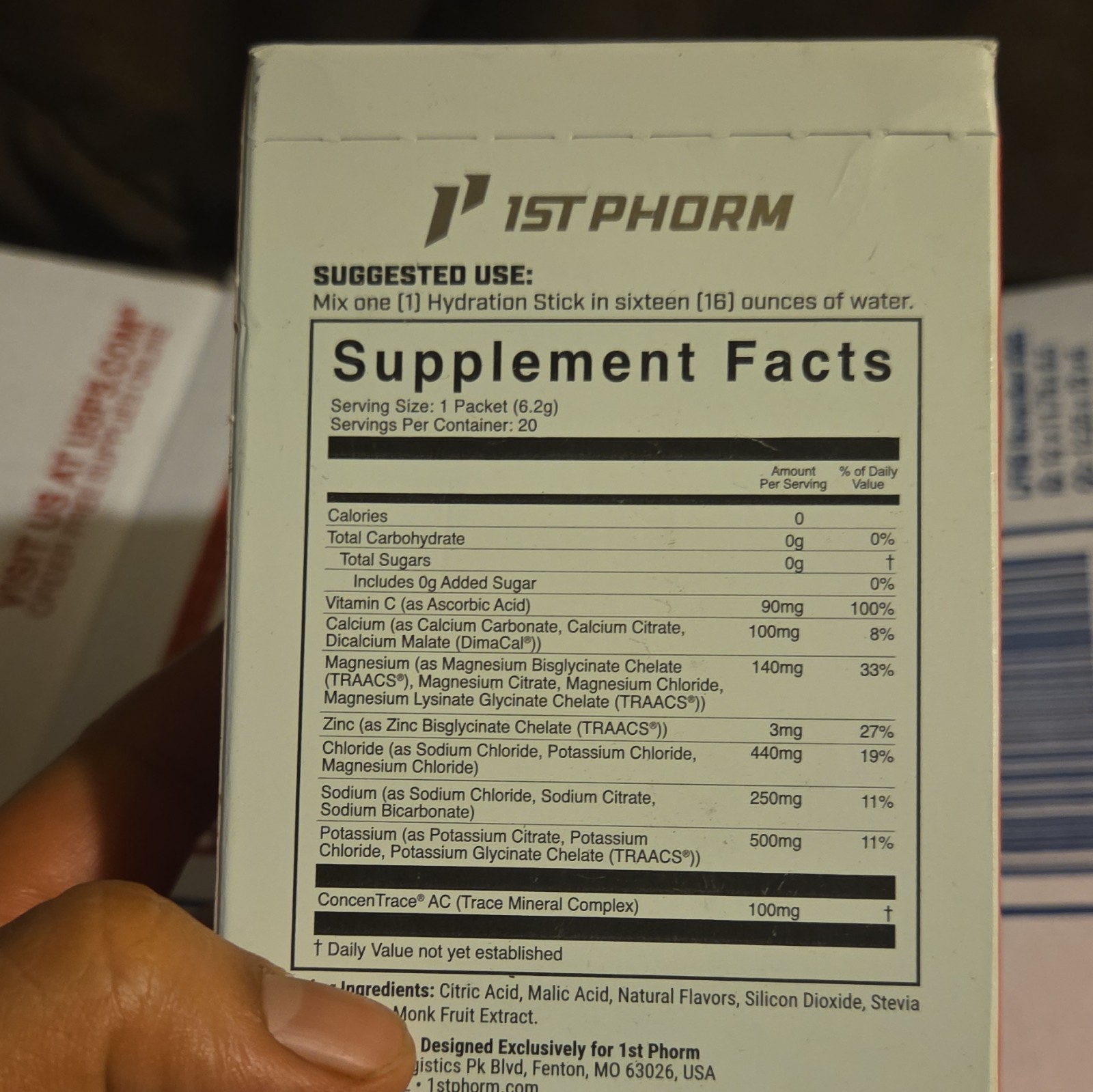 1st Phorm Hydration Sticks Electrolytes Strawberry 20 Pack Zero Sugar Exp 07/27