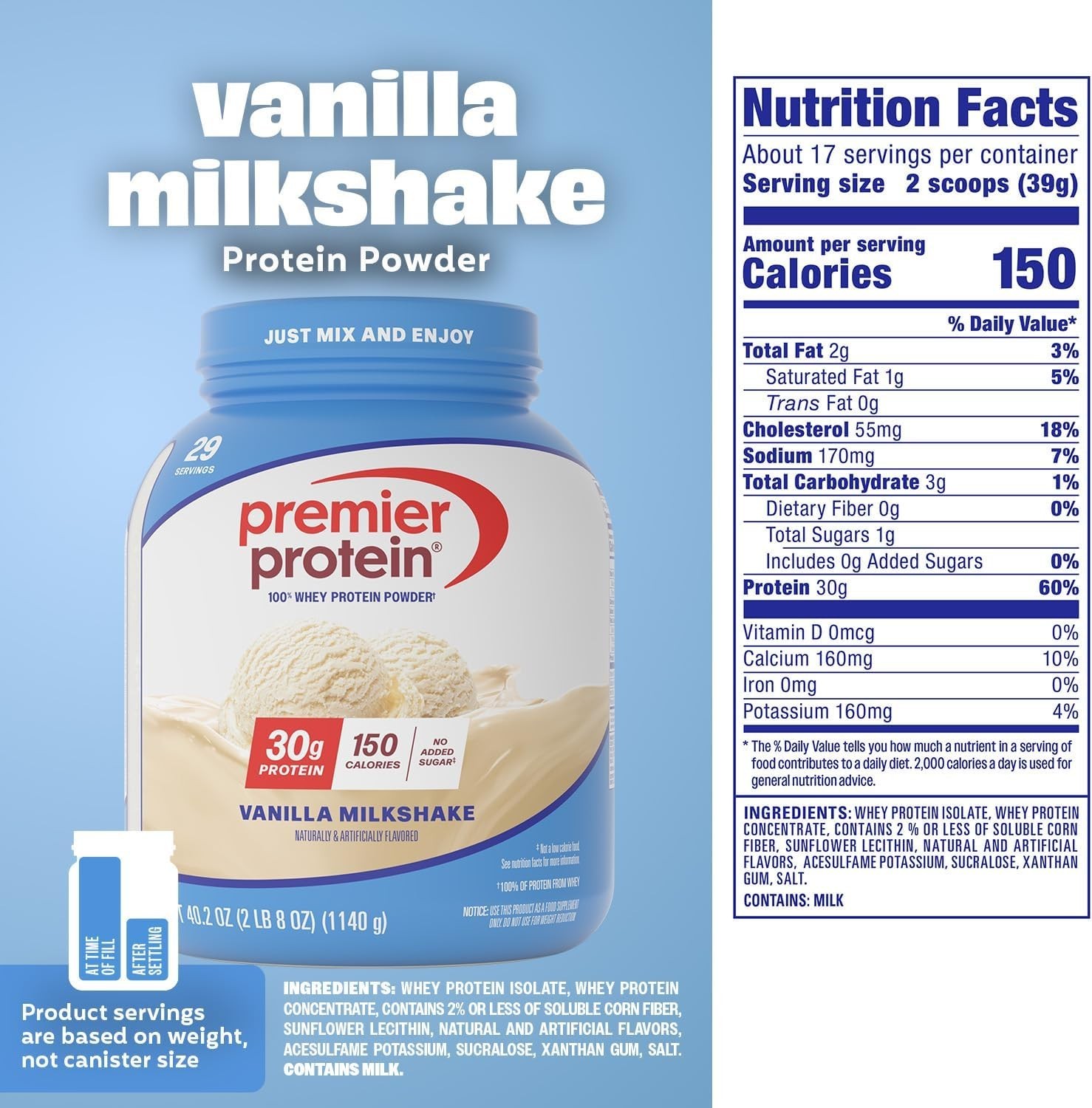 Premier Protein 100% Whey Protein Powder Vanilla Milkshake 30g Protein 29Serving