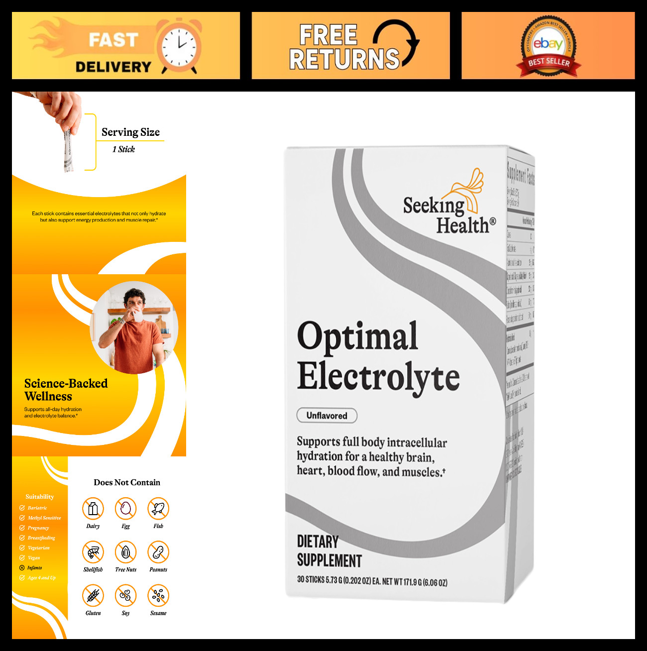 Electrolyte Drink Sticks for Hydration & Muscle Recovery – Vegan, Gluten-Free, 3