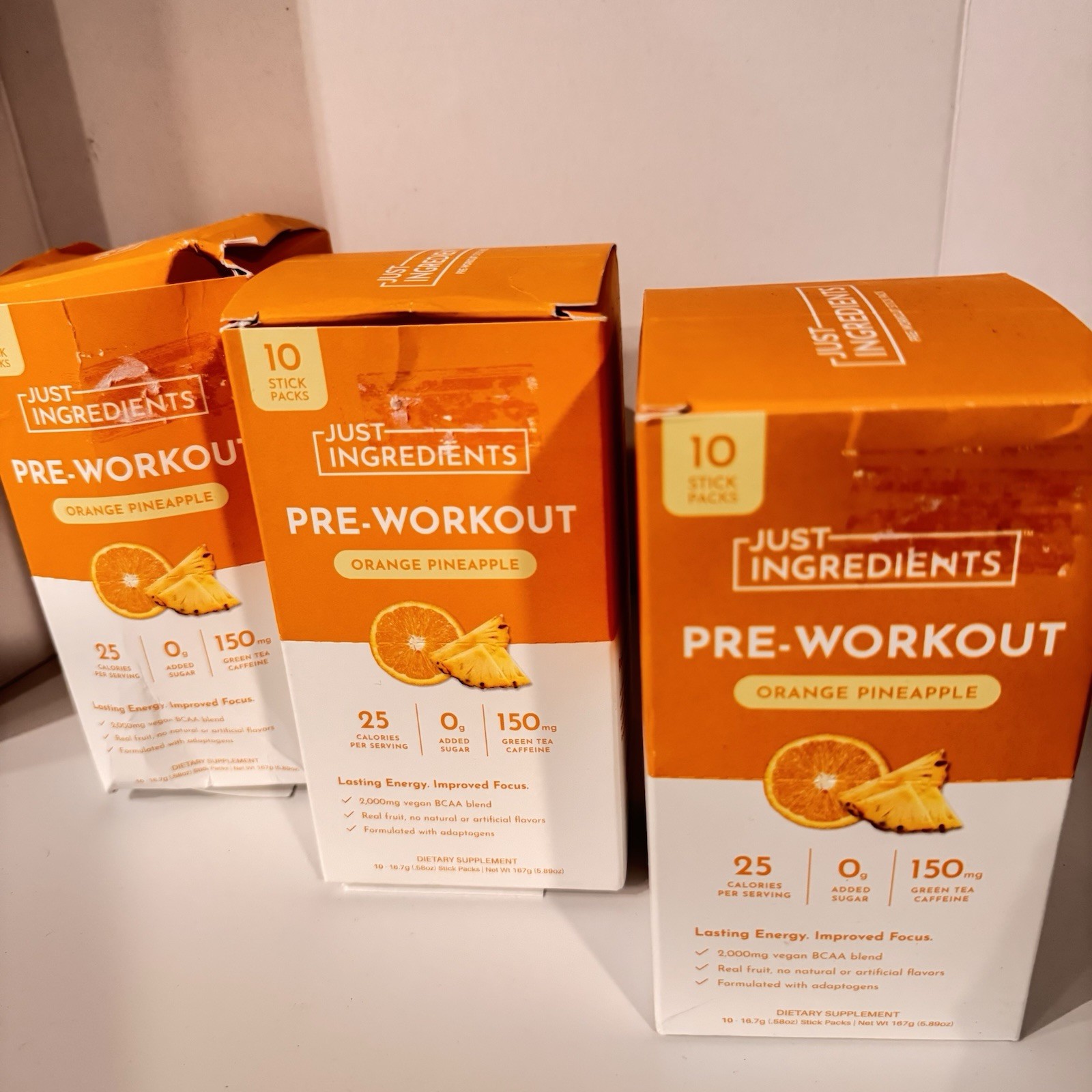 3x Just Ingredients Pre-Workout Drink Packet Orange Pineapple 10 Sticks Ea 12/27
