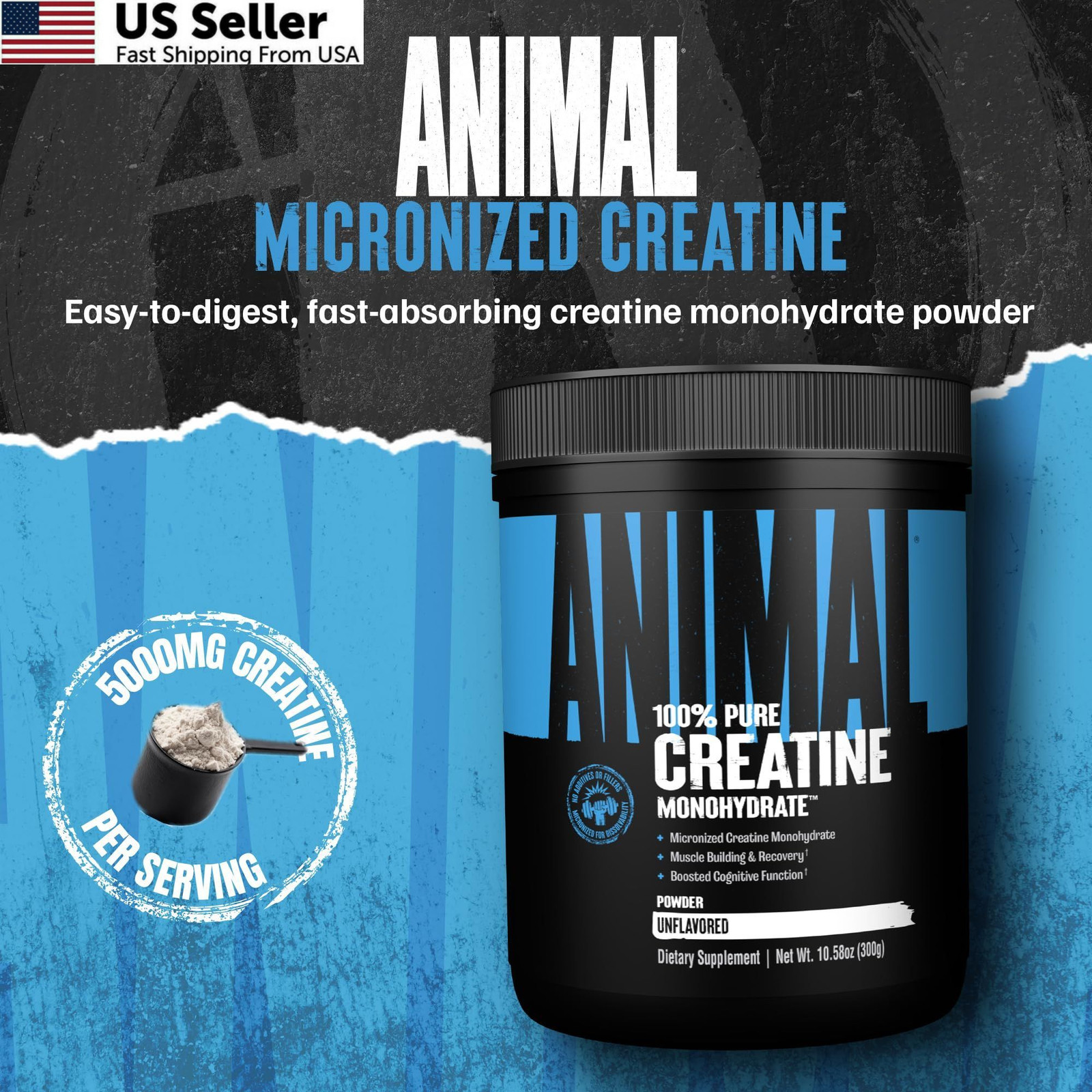 Animal Creatine Monohydrate Powder Micronized Muscle Recovery Unflavored 300g