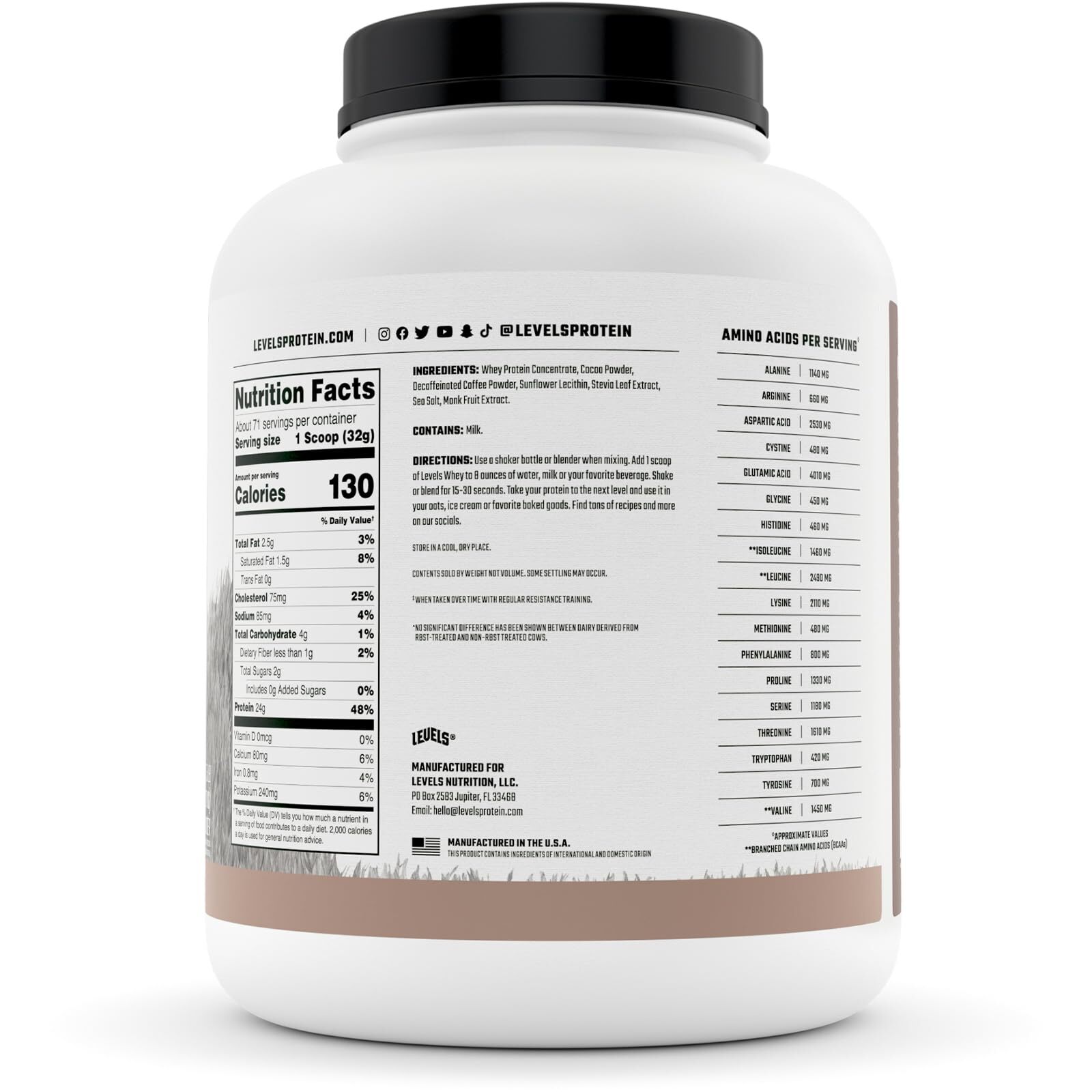 Levels Chocolate Mocha Whey Protein Powder 71 Servings 24g Protein per Scoop