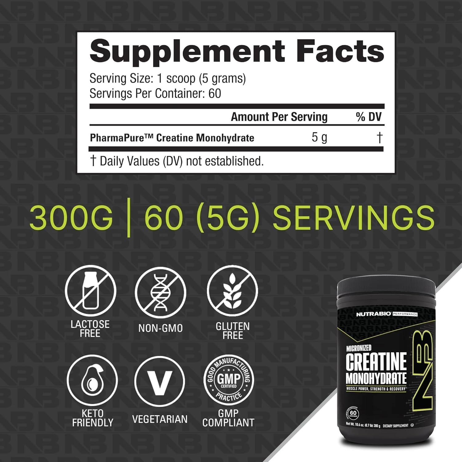 NutraBio Pure Micronized Creatine Monohydrate Powder 60 Servings (Pack of 1)
