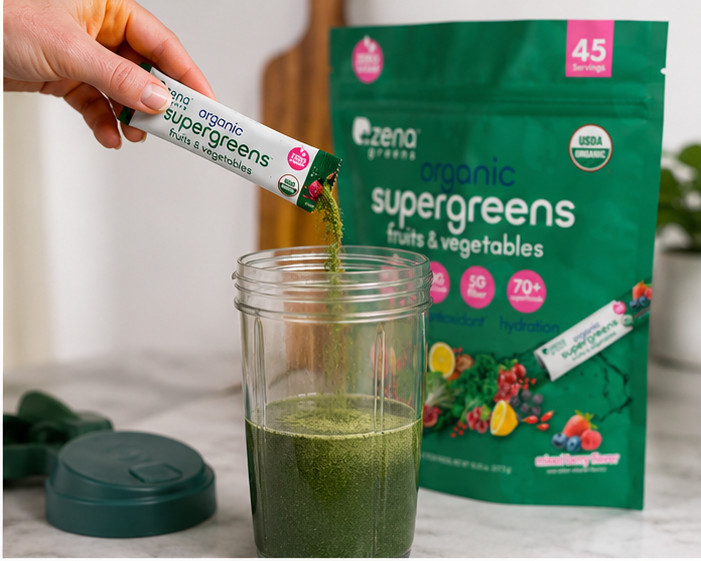 2 Pack Zena USDA Organic Supergreen Fruits & Vegetables Powder, 45 Stick Packets