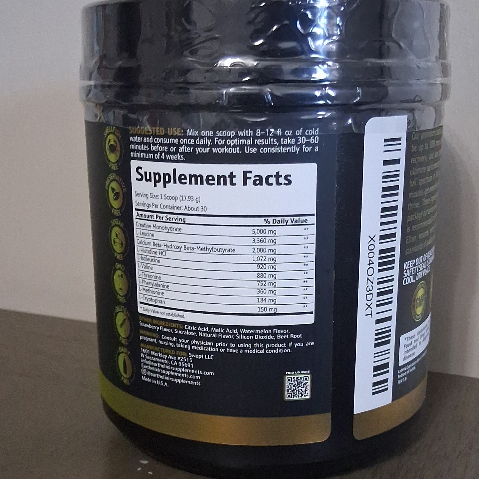 Earth Elixir Creatine + HMB EAA & BCAA Powder, Watermelon, About 30 Servings